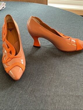 John Fluevog Peach Patent Pumps with Orange Trim